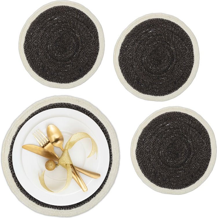 Relaxdays - Tischset, 4-teilig, geflochten, Seegras, ø 37 cm, rundes Platzset für Esstisch, Platzdeckchen, schwarz/creme