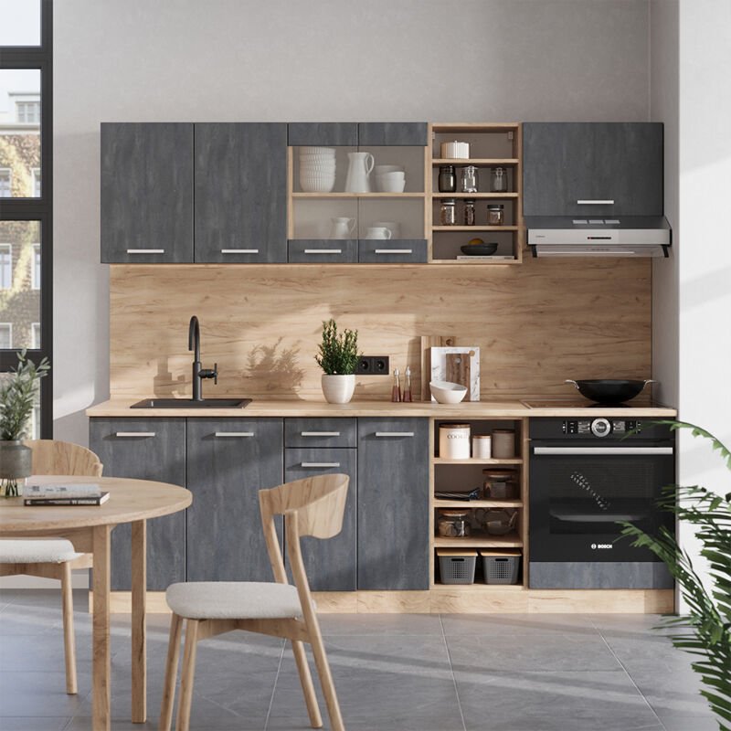 Vicco - Komplettküche R-Line, Schwarz Beton/Goldkraft Eiche, 240 cm ap Eiche