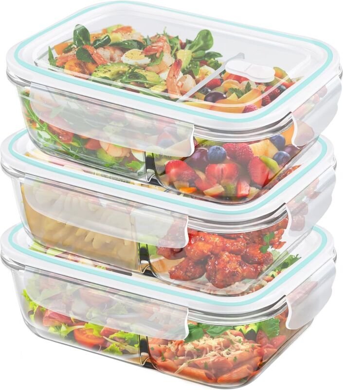 3 Glasbehälter à 1040 ml mit 2 luftdichten Fächern, inklusive Trennwand, mikrowellen- und gefriergeeignet, blau