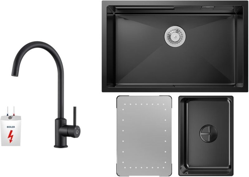 Küchenspüle 1.5 Becken 70x44cm EdelstahlSpüle Anthrazitschwarz Unterbauspüle + Niederdruck-Küchenarmatur Schwarz Hohe 43...