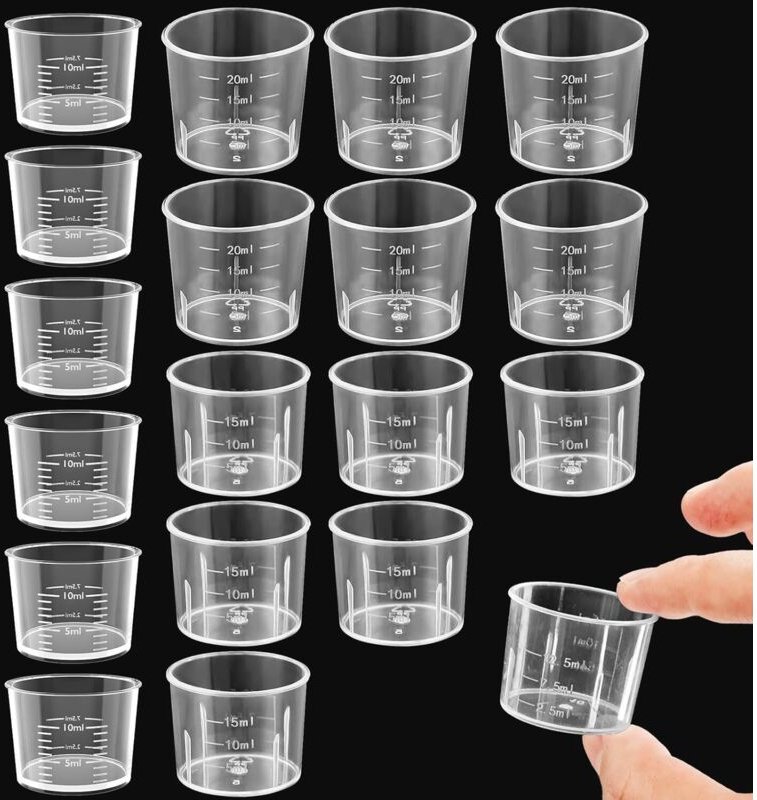Set mit 15 transparenten Mini-Messbechern für Kochflüssigkeiten – 10 ml, 15 ml, 20 ml – aus durchsichtigem Kunststoff – ...