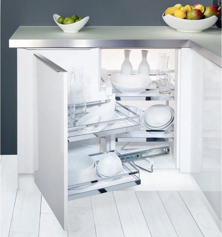 Kesseböhmer Magic Corner links mit Arena Classic Holzboden Eckschrankbeschlag, silbergrau/ grau