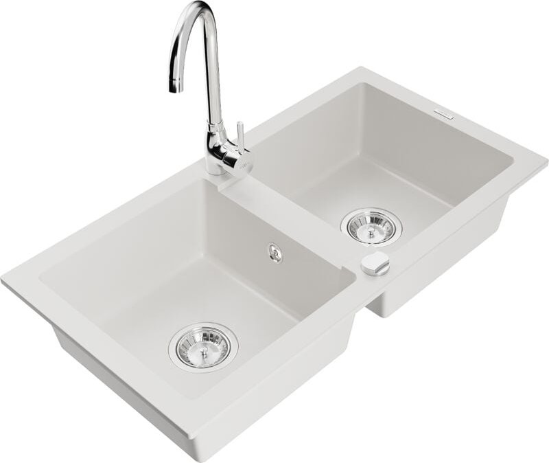 Mario 2-Becken-Granitspüle mit Mischbatterie Telma, Weiß - 6504-20-670200-00 - Mexen