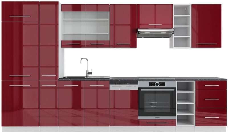 Vicco - Küchenzeile Fame-Line, Bordeaux Hochglanz/Weiß, 355 cm ohne Arbeitsplatte