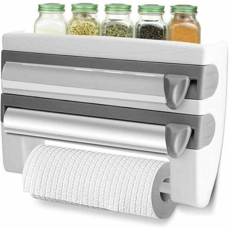 Spender für Aluminiumfolie und Frischhaltefolie, ausgestattet mit scharfen Klingen und einem Ablagefach. Dieses Küchenzu...