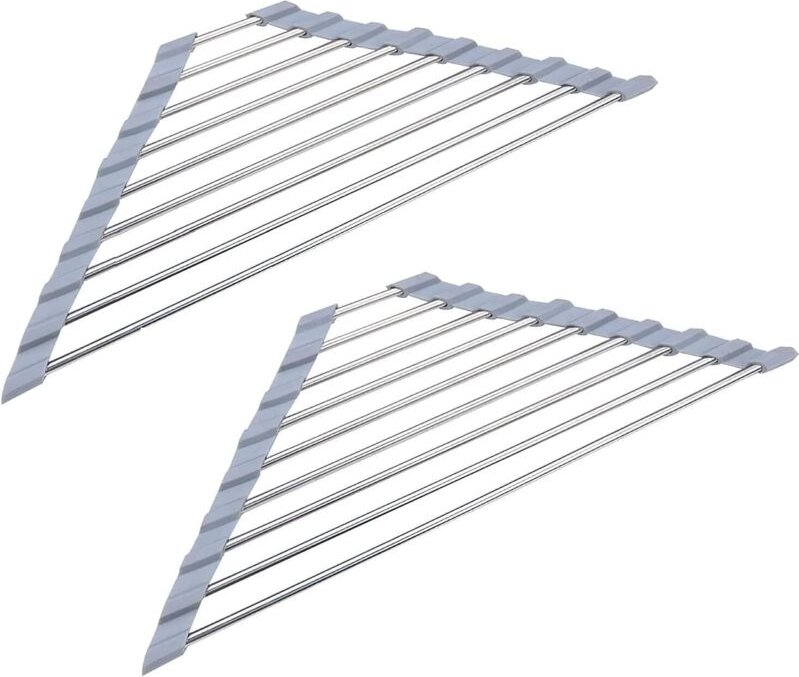 Set mit 2 dreieckigen, zusammenklappbaren Abtropfkörben aus Edelstahl für die Küchenspüle, rutschfest, grau
