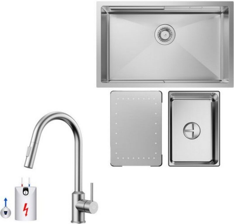 Küchenspüle 1.5 Becken 70x44cm EdelstahlSpüle Gebürstete Unterbauspüle + Ausziehbarer Niederdruck-Küchenarmatur Gebürste...