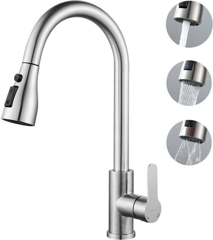 Ausziehbarer Edelstahl-Wasserhahn, 3 Strahlarten, 360° schwenkbarer Küchenmischer, Küchenarmatur mit Brause