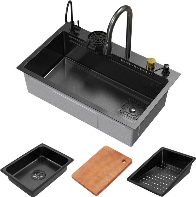 ML-Design Spülbecken Edelstahl 75x46 cm Anthrazit, Multifunktionale Küchenspüle rechteckig, Wasserfall Edelstahlspüle, E...