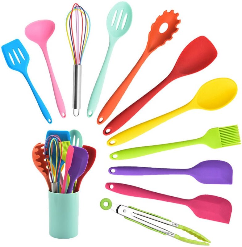 Küchenhelfer Set, 12 teilig Silikon Kochutensilien Kochgeschirr, Hitzebeständiger Kochbesteck Set mit Utensilienhalter, ...