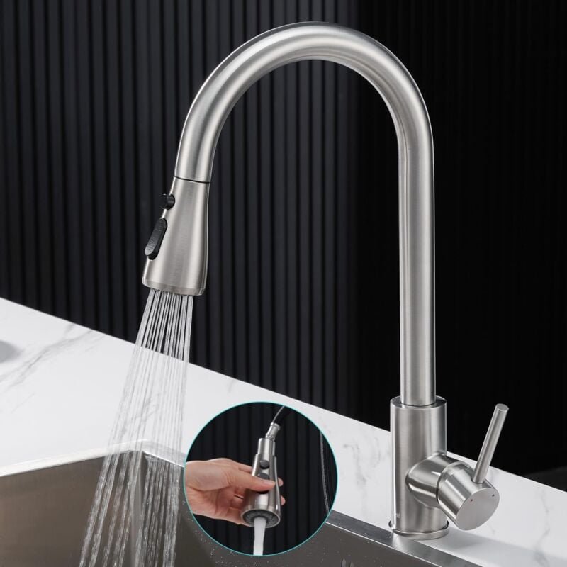 Ugreat - Küchenarmatur aus Edelstahl 304, ausziehbarer Wasserhahn mit drei Geschwindigkeiten, gebürsteter Warm- und Kalt...