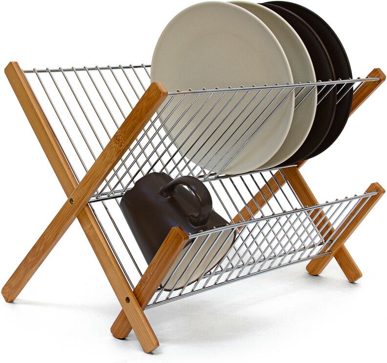 Relaxdays Abtropfgestell CROSS, zum Klappen, für Teller, Tassen, Bambus, Metall, Abtropfständer, 27 x 39 x 29 cm, natur