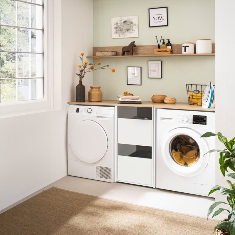 Waschmaschinenschrank mit Wäscheschrank Hauswirtschaftsraum für Waschmaschine und Trockner weiß mit Eiche STOBY-80