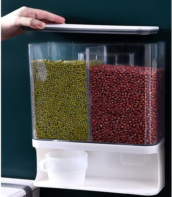 Wandmontierter Spender für Trockenlebensmittel, transparenter Kunststoffspender mit luftdichtem Deckel, für Müsli, Reis,...