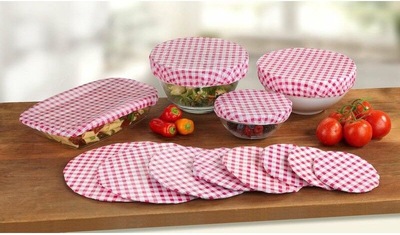 Wenko - Topf Hauben Set 12-teilig Karo Gummizug Abdeckung Küchen Töpfe Schüsseln - rot