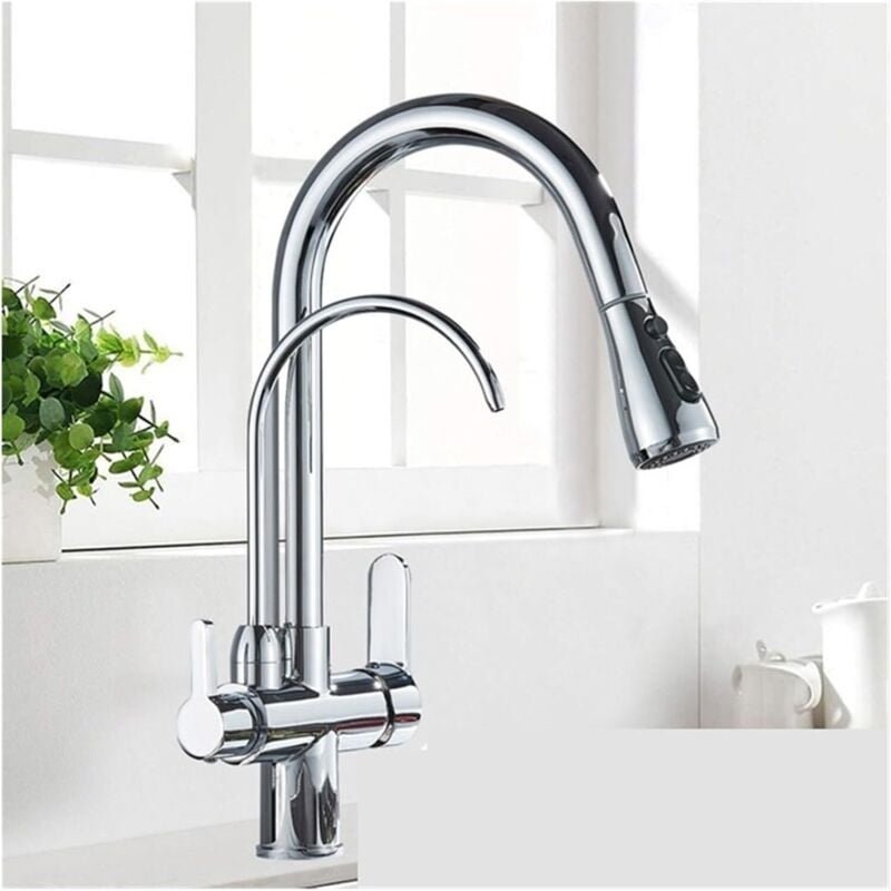 3-Wege-Küchenarmatur mit Ausziehbrause und gefiltertem Wasserauslauf, Doppelgriff-Küchenarmatur aus Edelstahl, 360° schw...