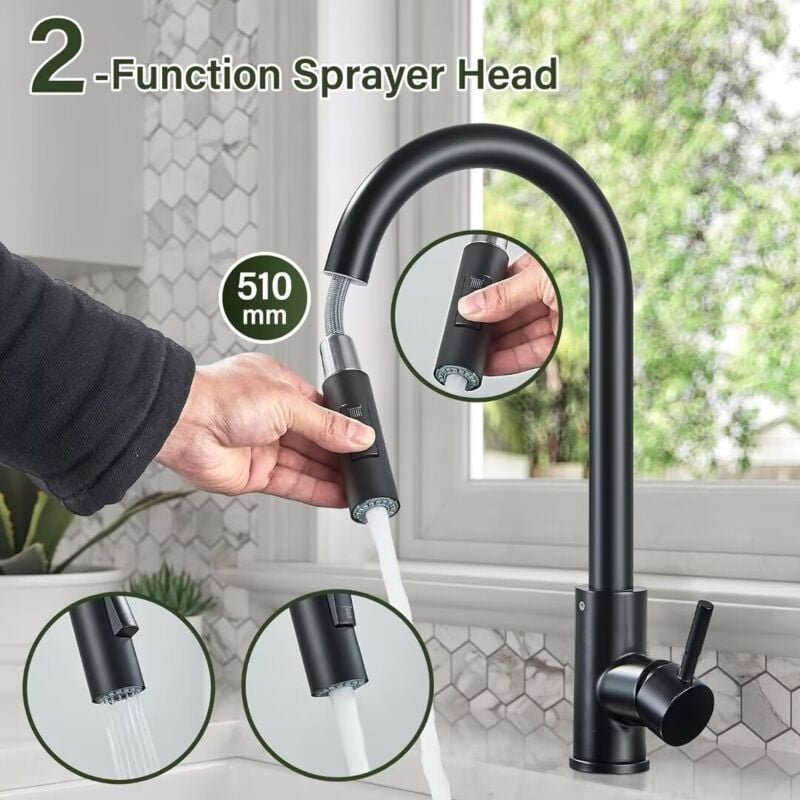 Onyzpily - Wasserhahn Küche Schwarz,Hochdruck Küchenarmatur Ausziehbar, Edelstahl Mischbatterie Küche mit Brause 2 Wasse...