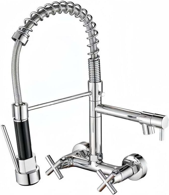 Wandmontierter Küchenspülhahn mit Feder, Mischbatterie für heißes und kaltes Wasser mit zwei Griffen