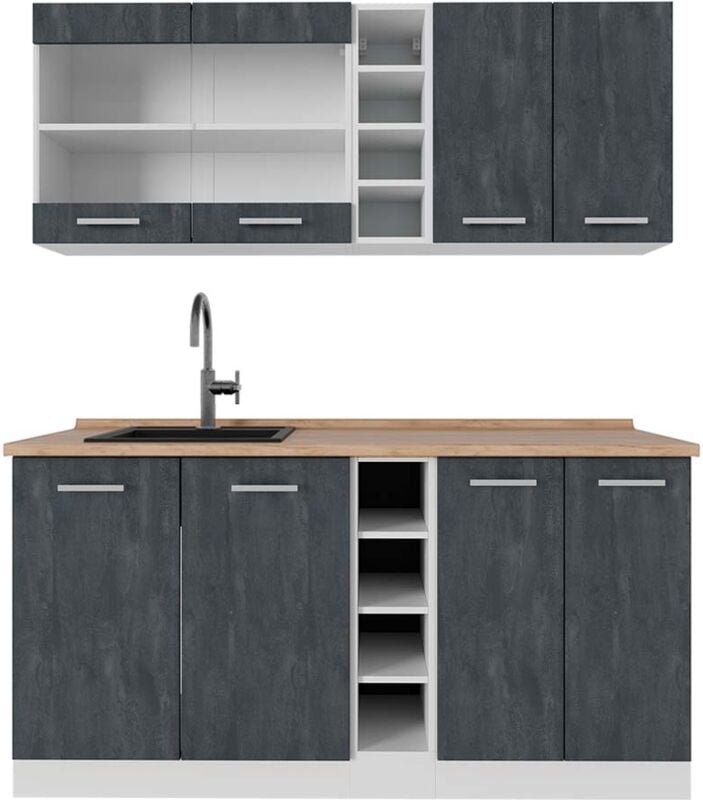 Thumbnail - Vicco - Mini-Küche R-Line, Schwarz Beton/Weiß, 160 cm ap Eiche