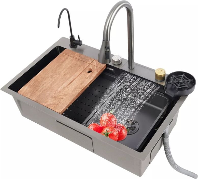 Küchenspüle Edelstahl Wasserfallspüle SpülbeckenSet Einbauspüle mit Wasserhahn & Drainer