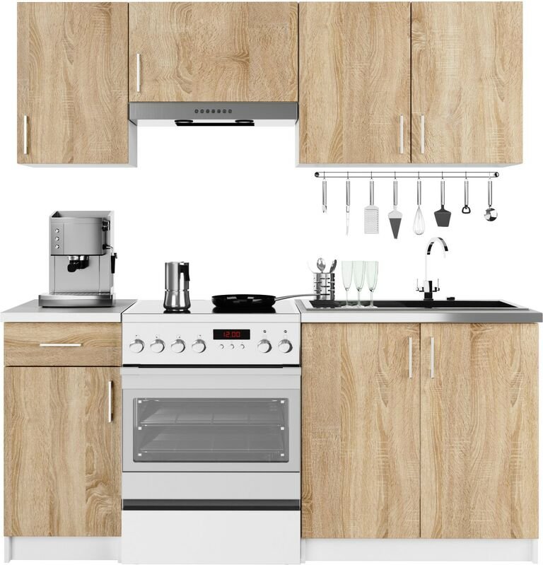 Akord - Küchenmöbelset lima Weiß 180 cm 7 Turen Schublade 8 Ebenen Front Sonoma-Eiche B180 x H203 x T44,5 cm