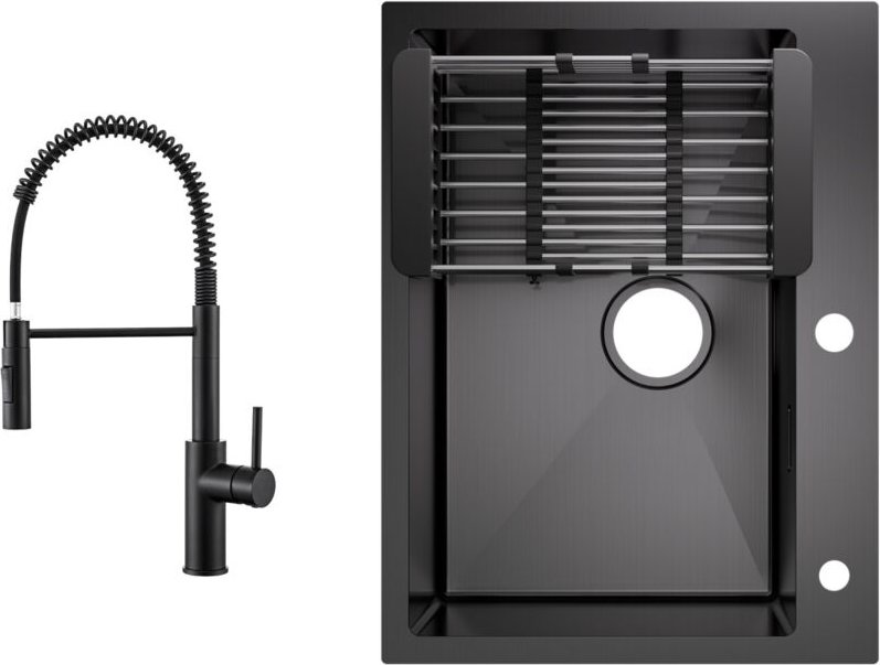 Cecipa Max - Küchenspüle aus Edelstahl 60x45cm Aufsatzwaschbecken Anthrazitschwarz + Feder-Küchenhahn Schwarz Mit 2 Stra...