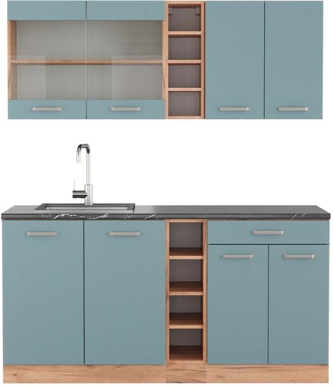 Singleküche R-Line, Blau-Grau/Goldkraft Eiche, 160 cm , AP Anthrazit, Vicco