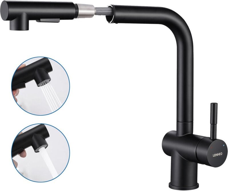 Küchenarmatur mit Brause Ausziehbar Lonheo Hochdruck Wasserhahn Küche Schwarz, Einhebel Spültischarmaturen Küche mit 2 S...