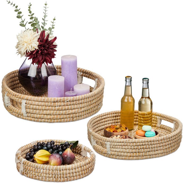 Relaxdays Serviertablett 3er Set, Esstablett mit Griffen, geflochtenes Tragetablett aus Seegras, hoher Rand, rund, natur
