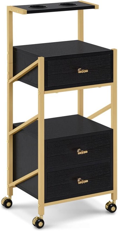 M Mcombo Friseurwagen mit Rollen & 3 Schubladen, Rollwagen Servierwagen Schwarz-Gold, Salon Trolley mit 2 Ablagen & 2 Fö...