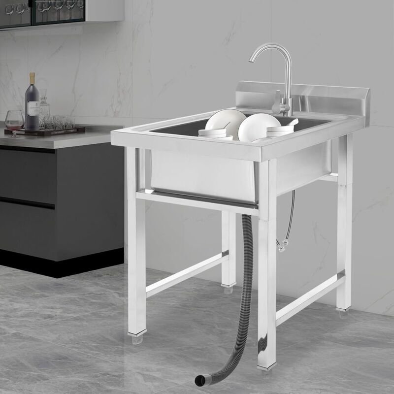 Freistehende Küchenspüle Edelstahl Spüle mit 1 Becken, Spültisch mit 360° Heiße & Kalte Wasserhahn, Outdoor Spüle Waschb...