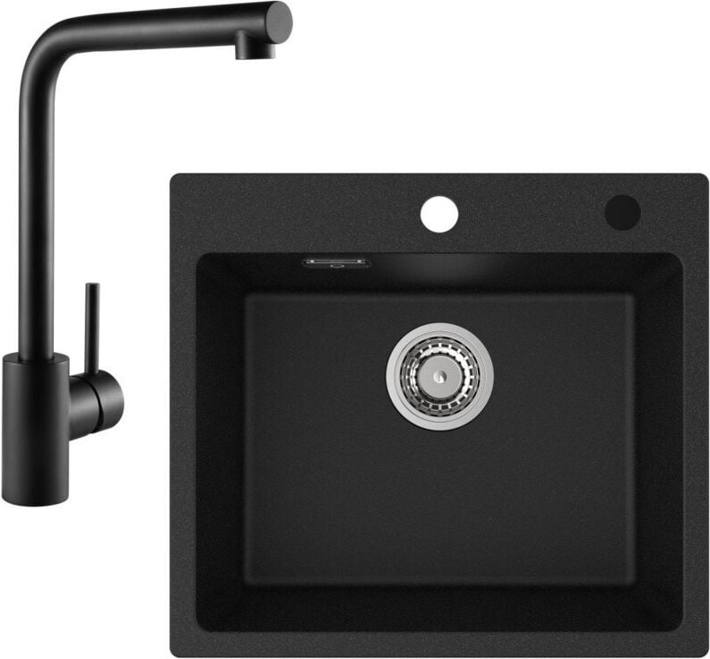 Cecipa Max - Spülbecken mit 1 Becken 50×45CM Granitspüle Anthrazitschwarz + Schwarz Küchenarmatur 360° drehbar Einhebel-...