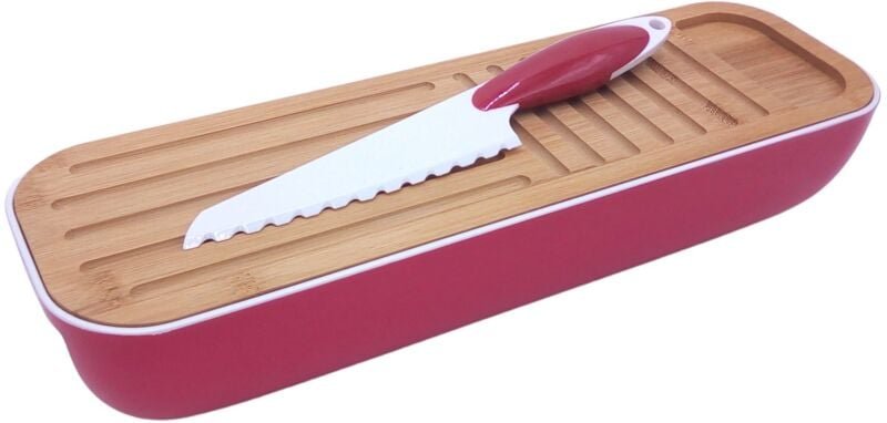 Brotkasten mit Schneidebrett und Brotmesser Brotkorb Brotbehälter Baguett Box - rot
