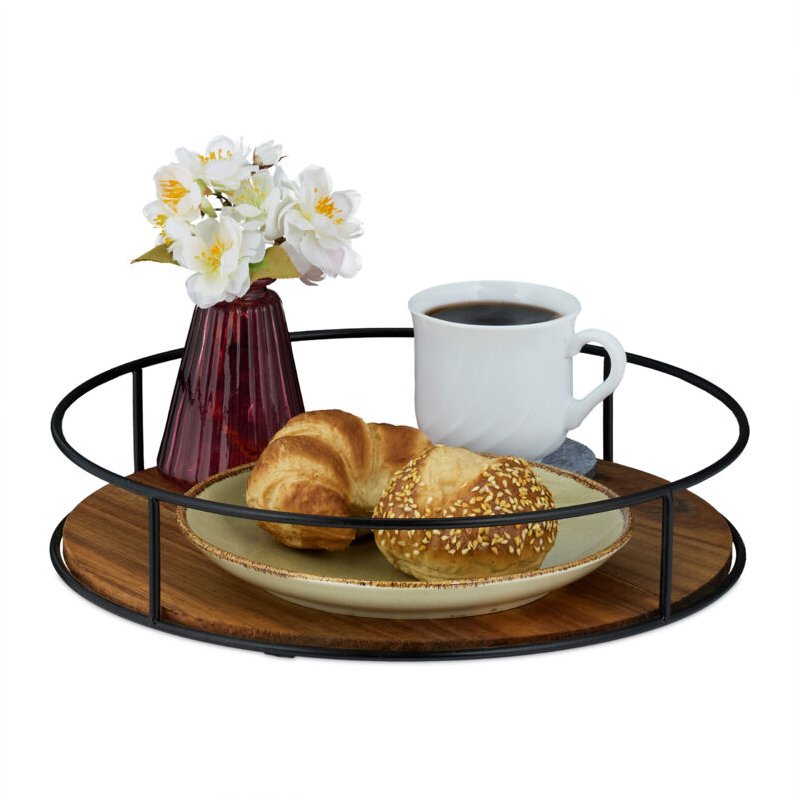 Tablett, Holz & Eisen, h x d: 6 x 31 cm, Serviertablett mit hohem Rand, rundes Dekotablett, braun/schwarz - Relaxdays