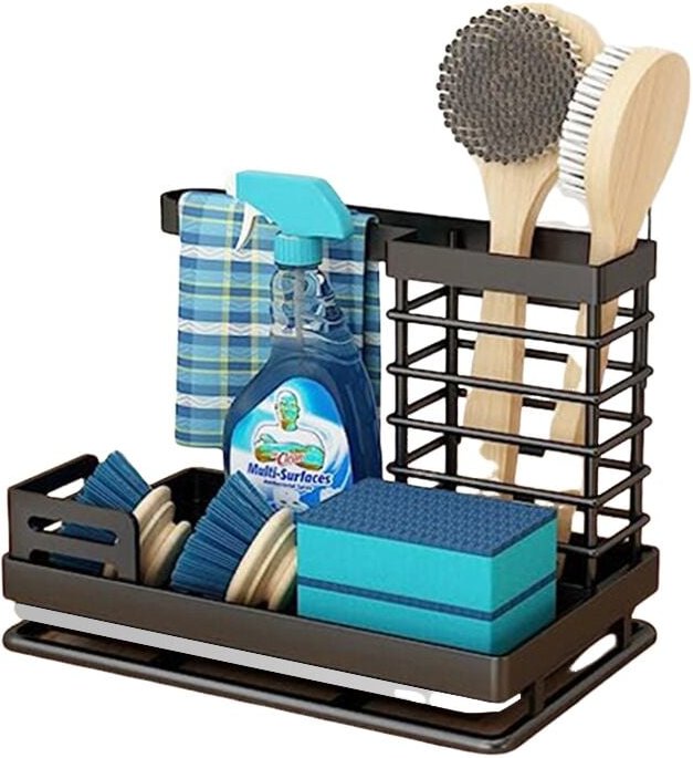 Schwammhalter für Küchenspüle, Edelstahl-Spülbecken-Organizer, Schwammaufbewahrung mit Abtropfschale, Aufbewahrung für K...