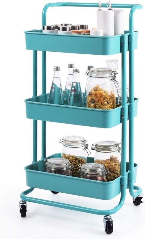 Servierwagen auf Rollen, Küchenwagen mit Metallrahmen, Rollwagen mit3 Regale, Allzweckwagen Beistellwagen Badwagen Küche...