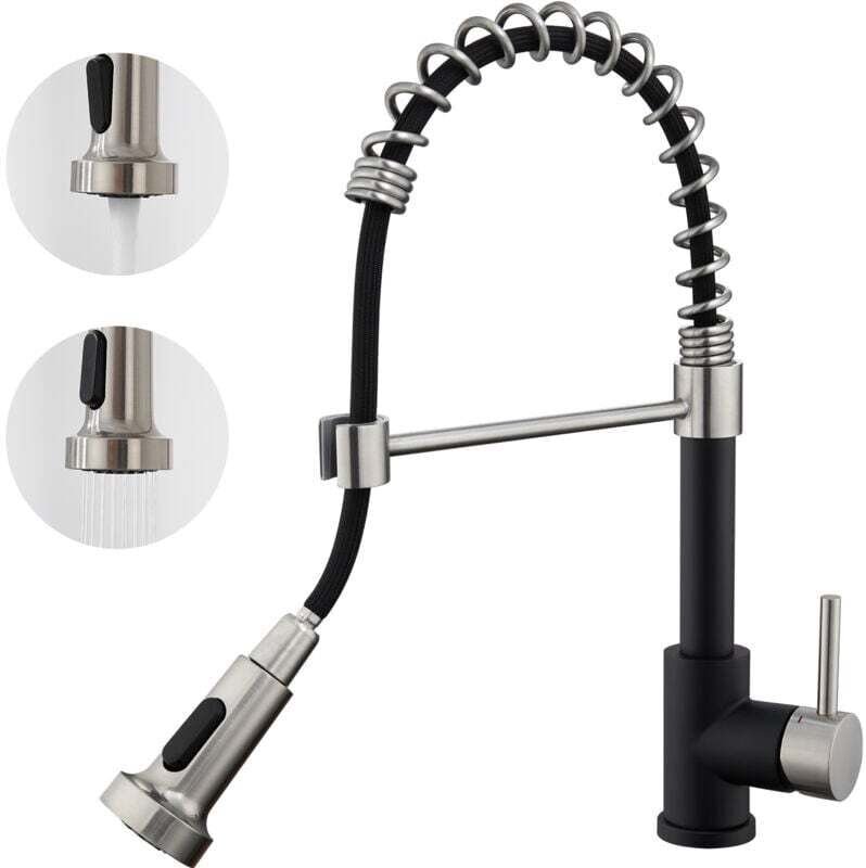 Auralum Küchenarmatur Schwarz 360° Drehbar mit Ausziehbarer Brause Feder Küchenarmatur 2 Strahlarten Edelstahl Spültisch...