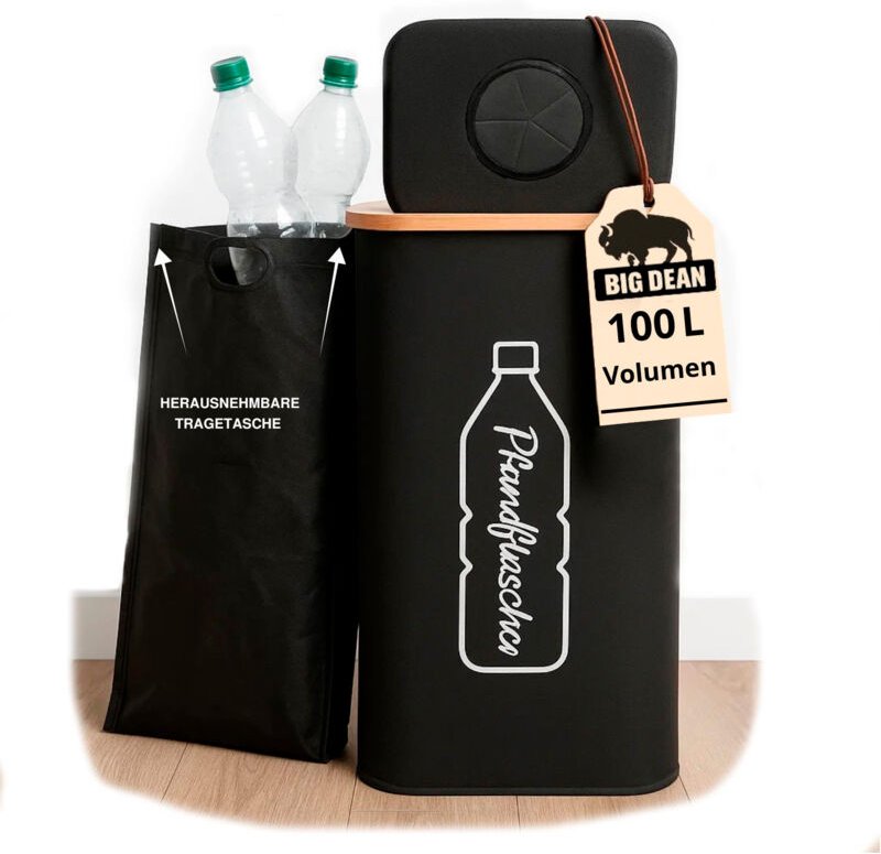 BigDean 100L Pfandflaschen Sammelbehälter mit Deckel inkl. Tragetasche - Pfandflaschen Aufbewahrung Flaschensammler Leer...