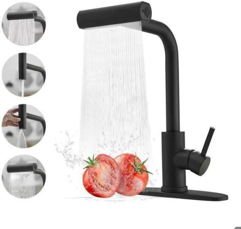 Küchenarmatur, 4-Modi-Ausziehbrause, Warm- und Kaltwasser-Küchenmischbatterie, 360°-Drehung, Edelstahl - Schwarz