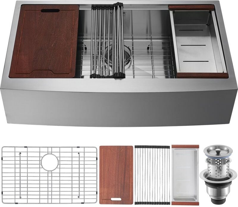 Mophorn - vevor Bauernhaus-Küchenspüle, Einbauspüle 304-Edelstahl, Eingebauter Küchenspüle mit Schneidebrett & Abtropfko...