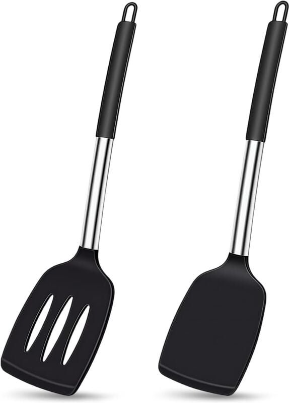 2 Stück Pfannenwender Silikon, Hitzebeständig Silikon Küchenhelfer Spatel BPA Frei mit Edelstahlgriff, für Fisch, Eier, ...