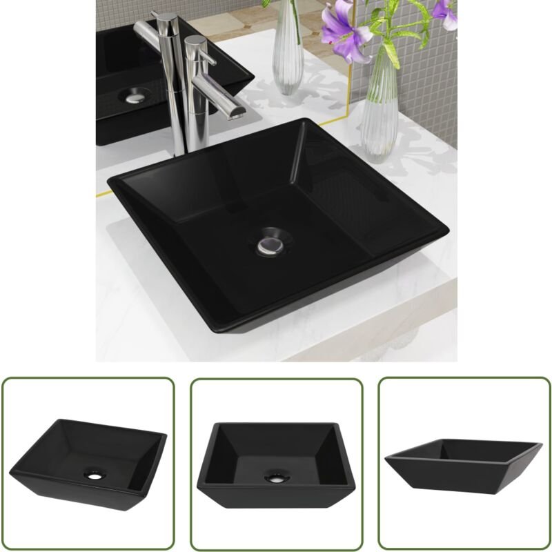 The Living Store - Waschbecken Keramik Quadratisch Schwarz 41,5 x 41,5 x 12 cm - Waschbecken - Keramikwaschbecken - Schw...
