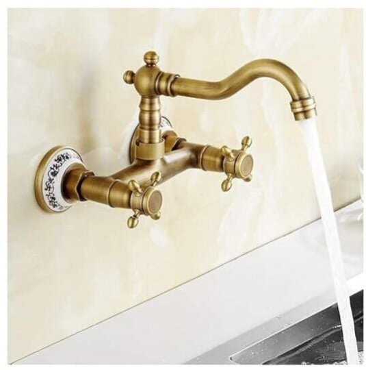 Wandmontierter Küchenarmatur, Vintage-Waschtischarmatur mit Messing-Heiß- und Kaltwasser-Keramik-Antik-Waschtischarmatur