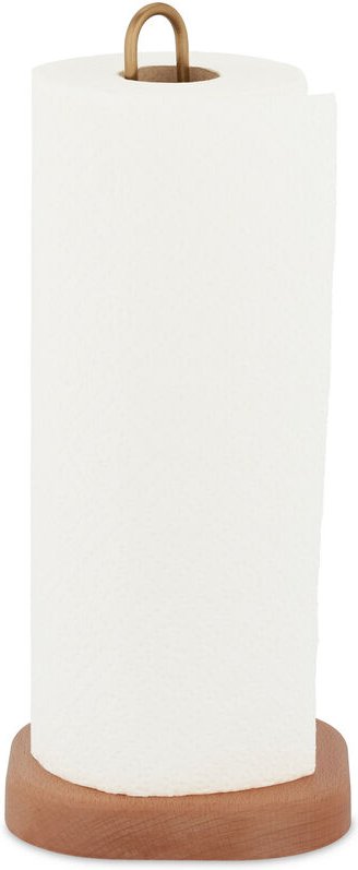 Relaxdays Küchenrollenhalter stehend, Buchenholz, eckig, Rollenhalter für Küche, HxBxT: 30,5 x 13 x 13 cm, natur/gold