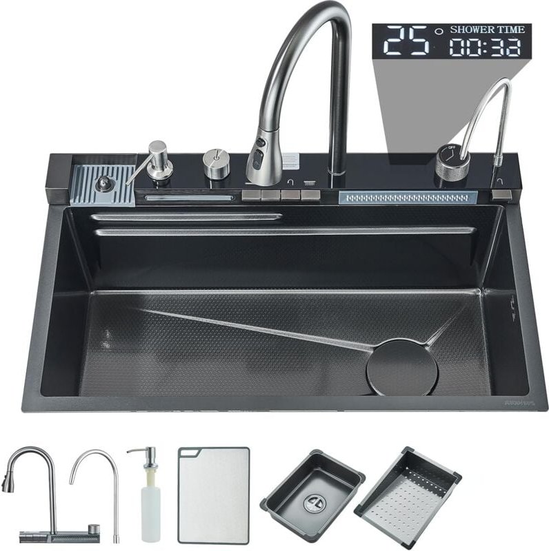 Küchenspüle Wasserfall-Spüle mit LED-Temperaturanzeige mit Tassenwaschmaschine, schwarzer Seifenspender, Wasserfall Spül...