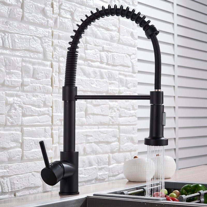 Thumbnail - Wasserhahn Küche Schwarz, Hochdruck Küchenarmatur mit Brause Ausziehbar, Hoher Bogen Mischbatterie Küche 360°Drehbar 2 S...