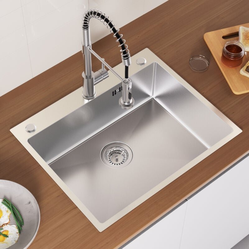 60 x 49 cm Edelstahl Rechteckig Spülbecken, Edelstahl Waschbecken Küche Einbauspüle mit Siphon/Ablaufschlauch, Überlaufl...