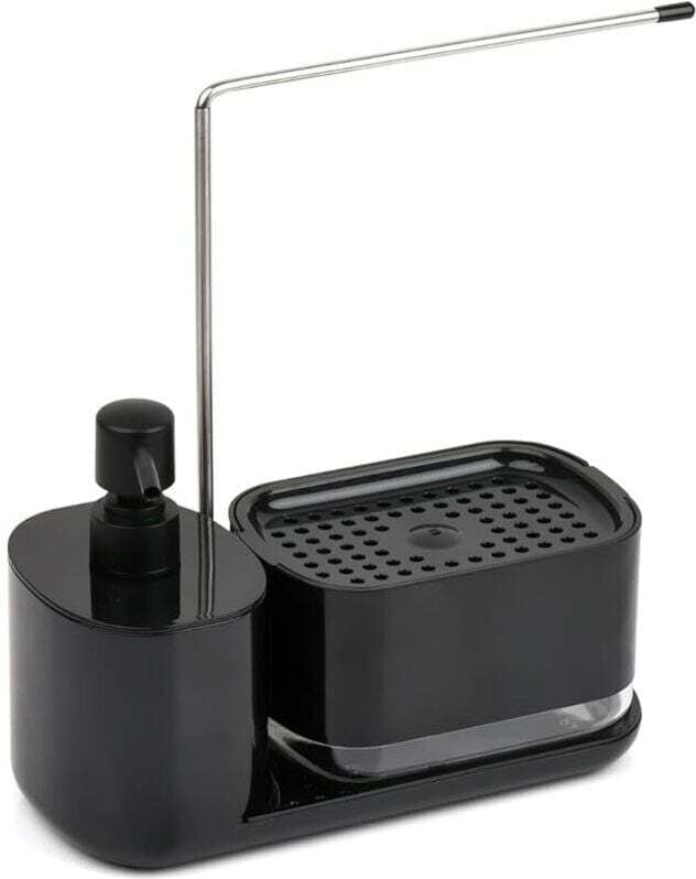 Spülmittelspender mit Schwammhalter, Schwammhalter für die Küchenspüle, schwarzer Spülbecken-Organizer mit Spülmittelbeh...