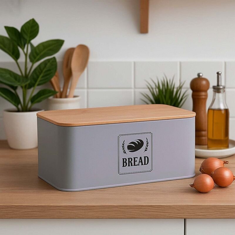 Brotkasten mit bambusdeckel - retro design metallgehause