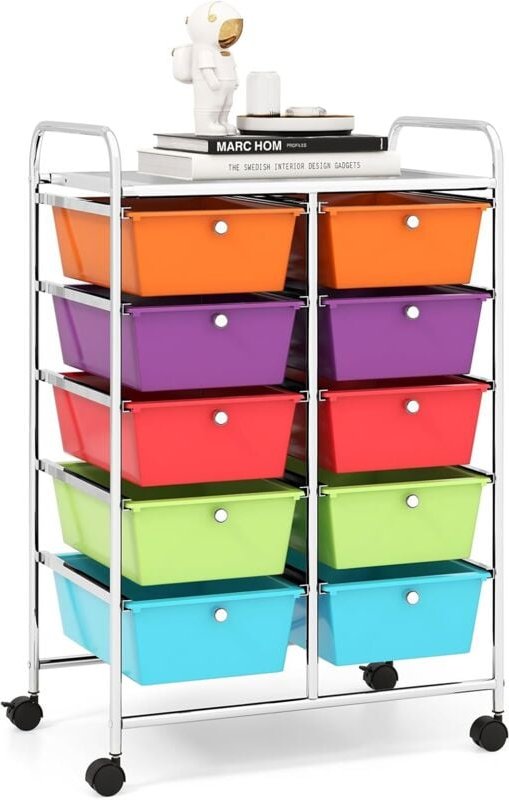 GOPLUS Rollwagen mit 10 Schubladen stapelbar, Rollcontainer mit Ablage & Metallgestell, Badregal, Aufbewahrungswagen, fü...